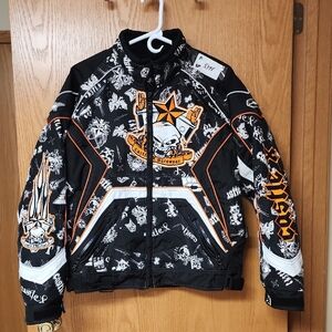 Castle X Black and Orange Graphic Jacket with skull mens M number 5398